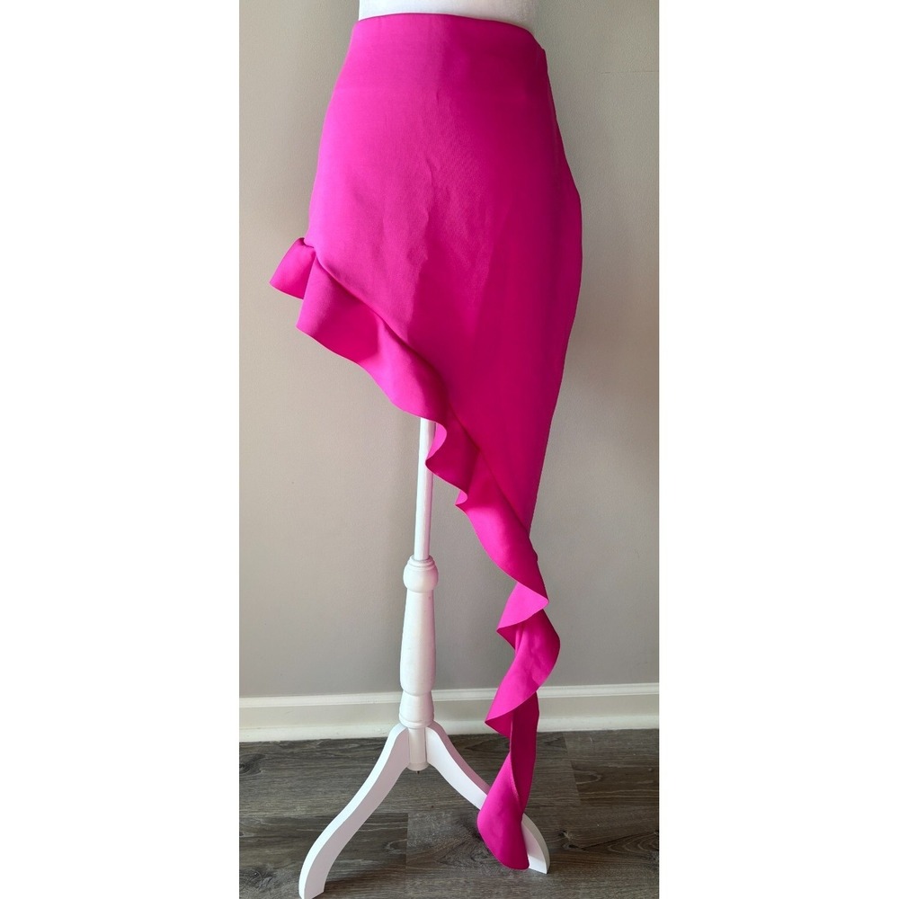 Kikiriki Fuchsia Pink‎ Asymmetrical Ruffle Mini Skirt High Low Bodycon Party L